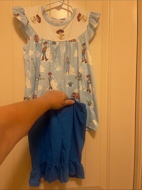 Girls Light Blue Toy Story Ruffle Yoke Top with Royal Blue Shorts 4t